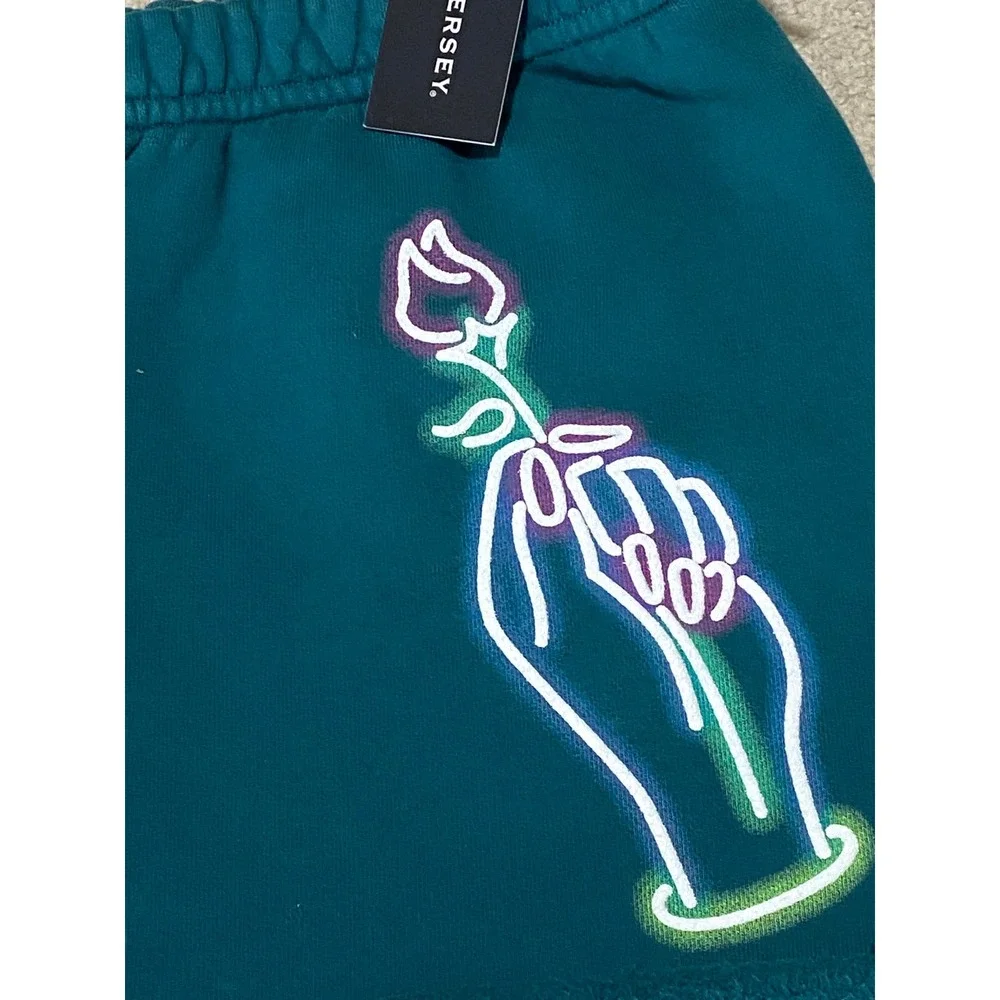 Spirit Jersey NWT Women's Teal Lounge Shorts Neon Graphic Raw Hem Pull On Small